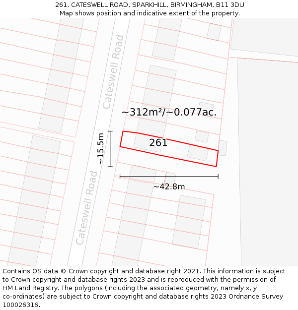 261, CATESWELL ROAD, SPARKHILL, BIRMINGHAM, B11 3DU: Plot and title map