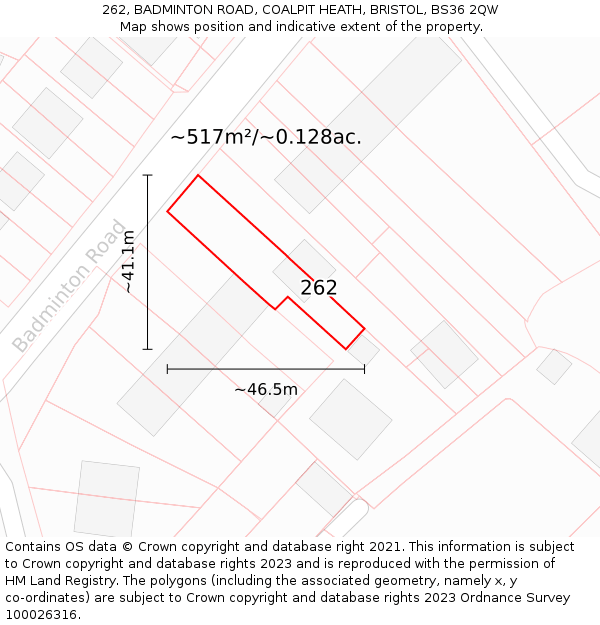 262, BADMINTON ROAD, COALPIT HEATH, BRISTOL, BS36 2QW: Plot and title map