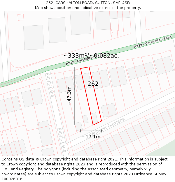 262, CARSHALTON ROAD, SUTTON, SM1 4SB: Plot and title map