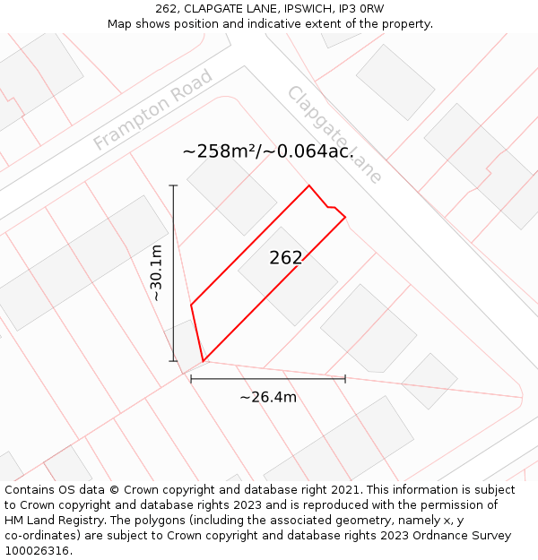 262, CLAPGATE LANE, IPSWICH, IP3 0RW: Plot and title map