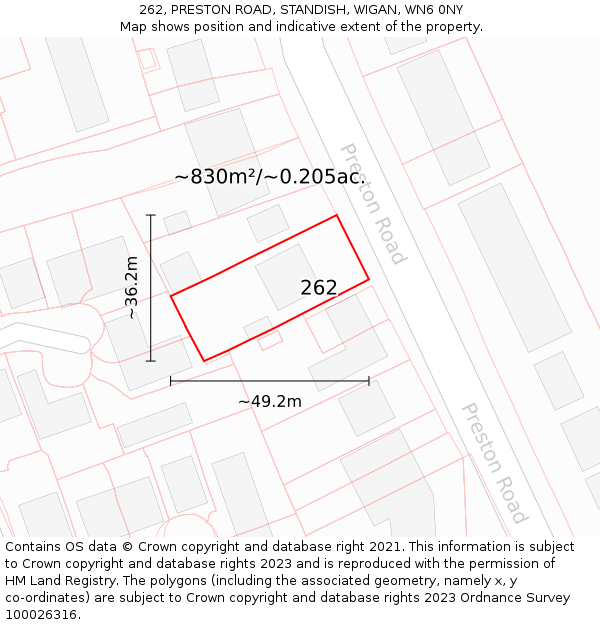 262, PRESTON ROAD, STANDISH, WIGAN, WN6 0NY: Plot and title map