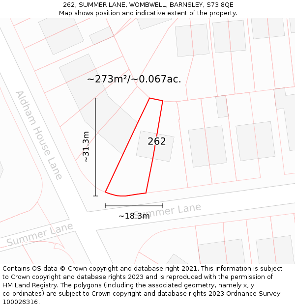 262, SUMMER LANE, WOMBWELL, BARNSLEY, S73 8QE: Plot and title map