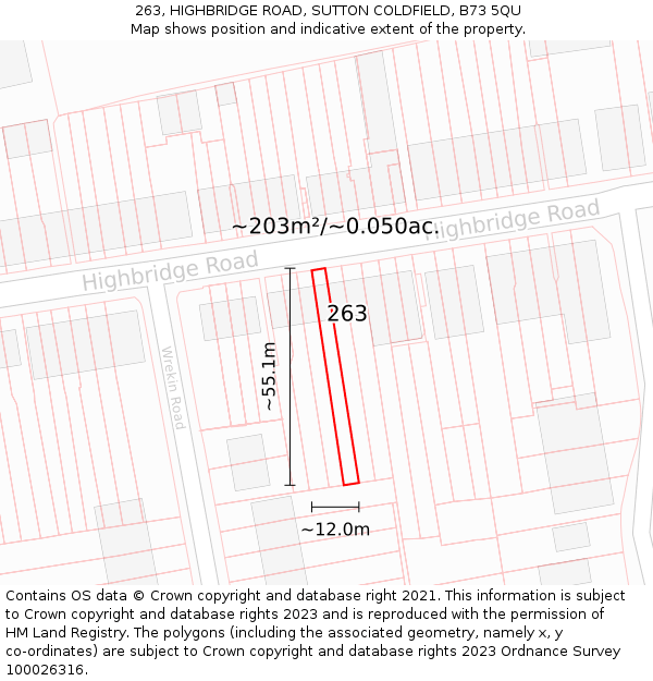 263, HIGHBRIDGE ROAD, SUTTON COLDFIELD, B73 5QU: Plot and title map