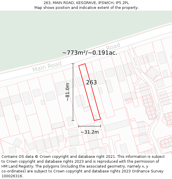 263, MAIN ROAD, KESGRAVE, IPSWICH, IP5 2PL: Plot and title map