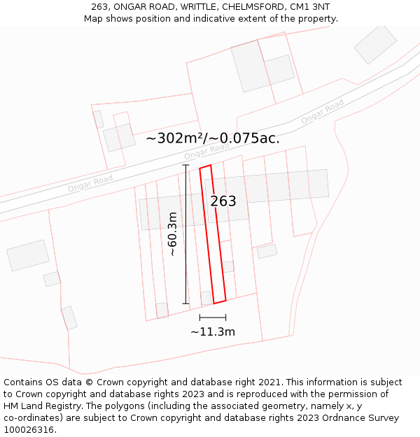 263, ONGAR ROAD, WRITTLE, CHELMSFORD, CM1 3NT: Plot and title map