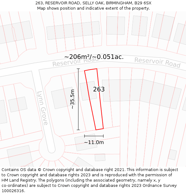 263, RESERVOIR ROAD, SELLY OAK, BIRMINGHAM, B29 6SX: Plot and title map