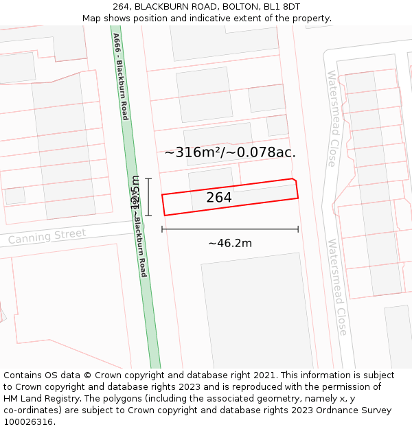 264, BLACKBURN ROAD, BOLTON, BL1 8DT: Plot and title map