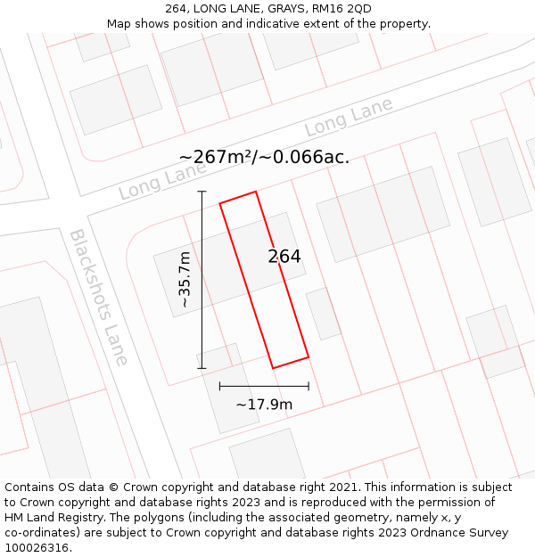 264, LONG LANE, GRAYS, RM16 2QD: Plot and title map