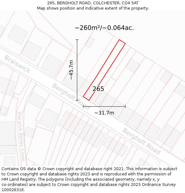 265, BERGHOLT ROAD, COLCHESTER, CO4 5AT: Plot and title map