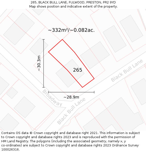 265, BLACK BULL LANE, FULWOOD, PRESTON, PR2 9YD: Plot and title map