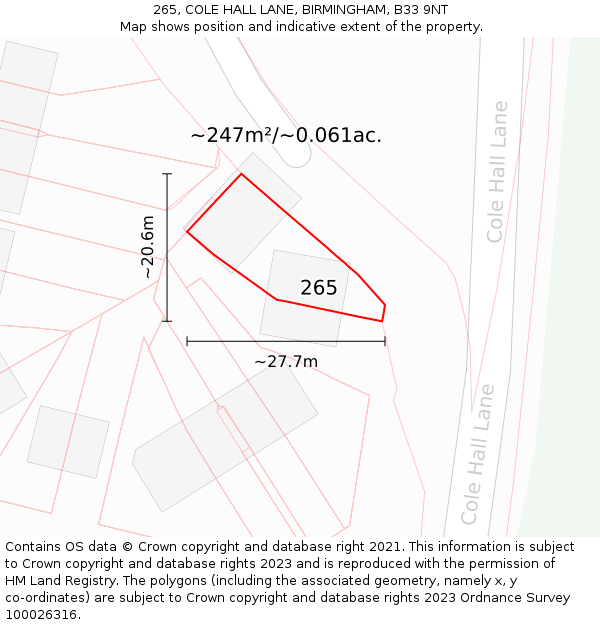 265, COLE HALL LANE, BIRMINGHAM, B33 9NT: Plot and title map