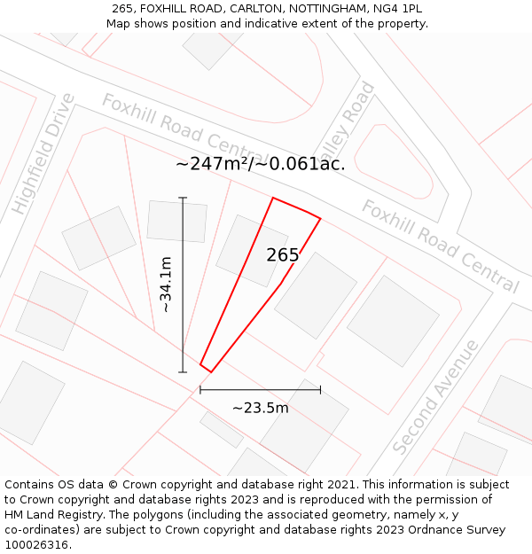 265, FOXHILL ROAD, CARLTON, NOTTINGHAM, NG4 1PL: Plot and title map