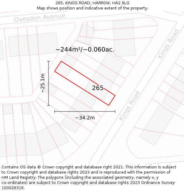 265, KINGS ROAD, HARROW, HA2 9LG: Plot and title map