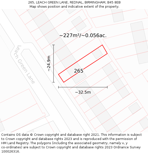 265, LEACH GREEN LANE, REDNAL, BIRMINGHAM, B45 8EB: Plot and title map