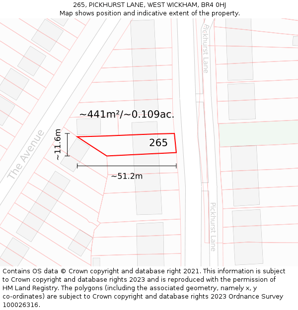 265, PICKHURST LANE, WEST WICKHAM, BR4 0HJ: Plot and title map