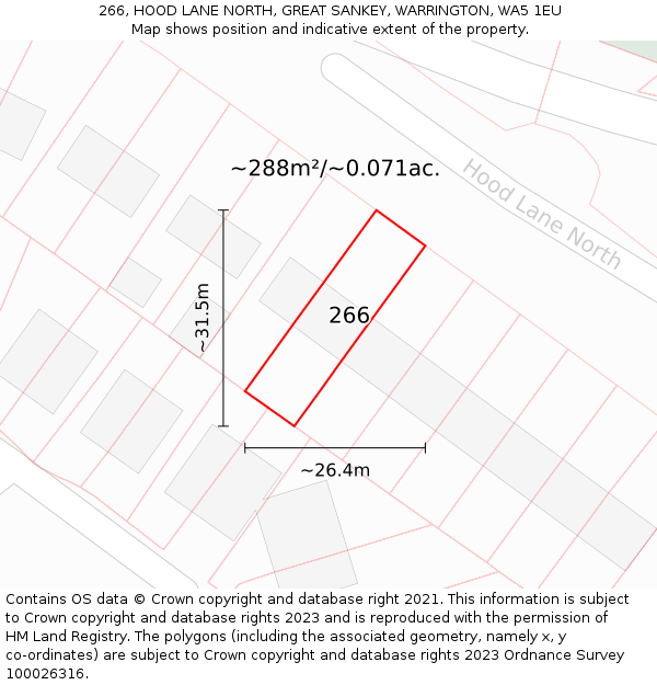 266, HOOD LANE NORTH, GREAT SANKEY, WARRINGTON, WA5 1EU: Plot and title map