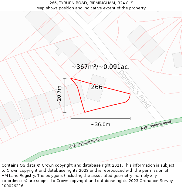 266, TYBURN ROAD, BIRMINGHAM, B24 8LS: Plot and title map