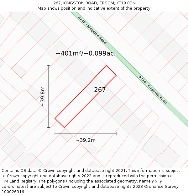 267, KINGSTON ROAD, EPSOM, KT19 0BN: Plot and title map