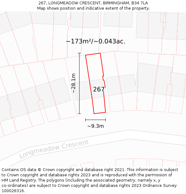 267, LONGMEADOW CRESCENT, BIRMINGHAM, B34 7LA: Plot and title map