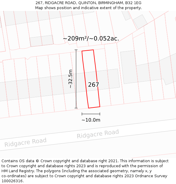 267, RIDGACRE ROAD, QUINTON, BIRMINGHAM, B32 1EG: Plot and title map