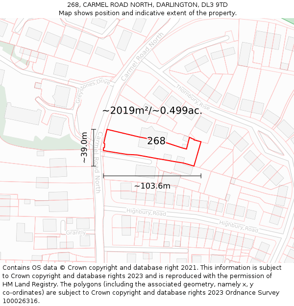 268, CARMEL ROAD NORTH, DARLINGTON, DL3 9TD: Plot and title map