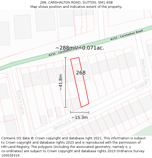 268, CARSHALTON ROAD, SUTTON, SM1 4SB: Plot and title map