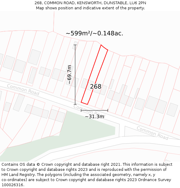 268, COMMON ROAD, KENSWORTH, DUNSTABLE, LU6 2PN: Plot and title map