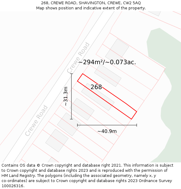 268, CREWE ROAD, SHAVINGTON, CREWE, CW2 5AQ: Plot and title map