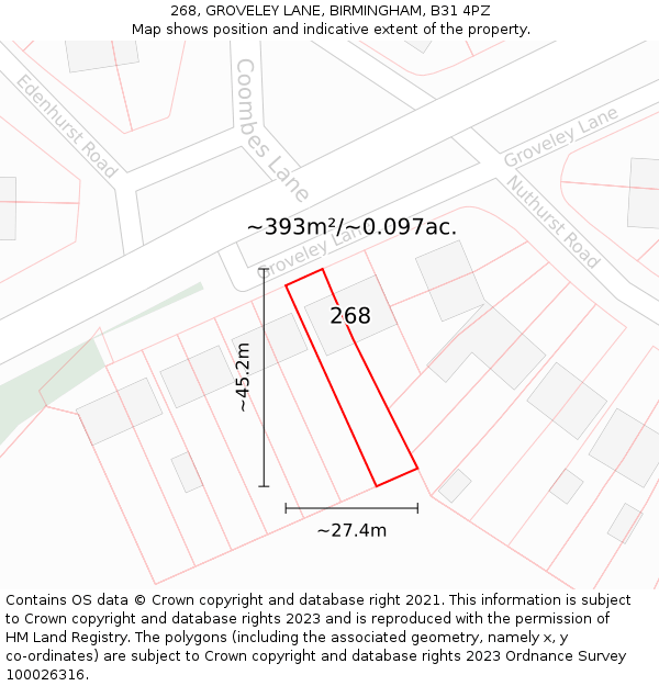 268, GROVELEY LANE, BIRMINGHAM, B31 4PZ: Plot and title map