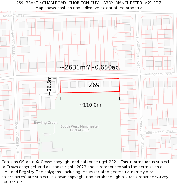 269, BRANTINGHAM ROAD, CHORLTON CUM HARDY, MANCHESTER, M21 0DZ: Plot and title map