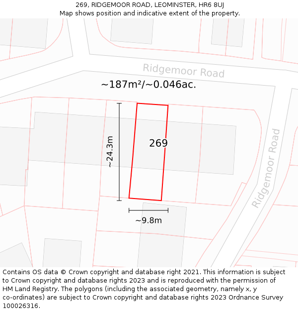 269, RIDGEMOOR ROAD, LEOMINSTER, HR6 8UJ: Plot and title map