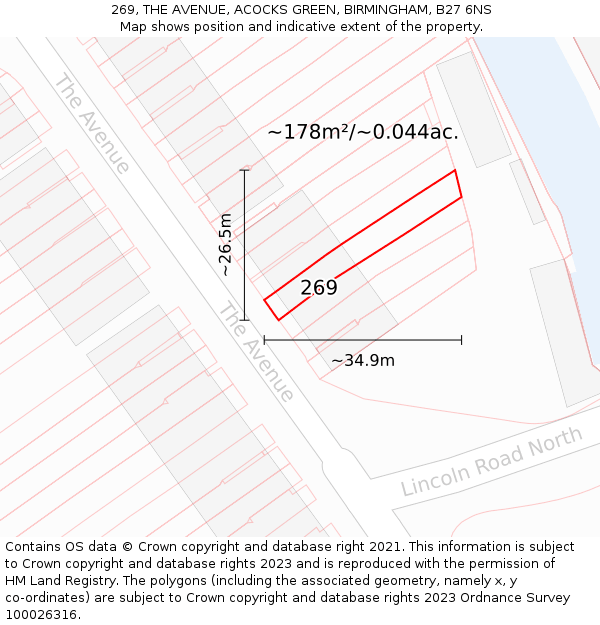 269, THE AVENUE, ACOCKS GREEN, BIRMINGHAM, B27 6NS: Plot and title map