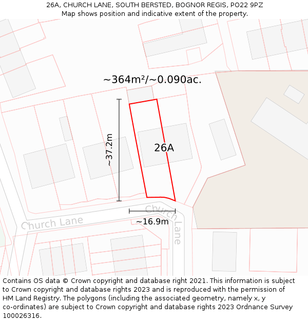 26A, CHURCH LANE, SOUTH BERSTED, BOGNOR REGIS, PO22 9PZ: Plot and title map