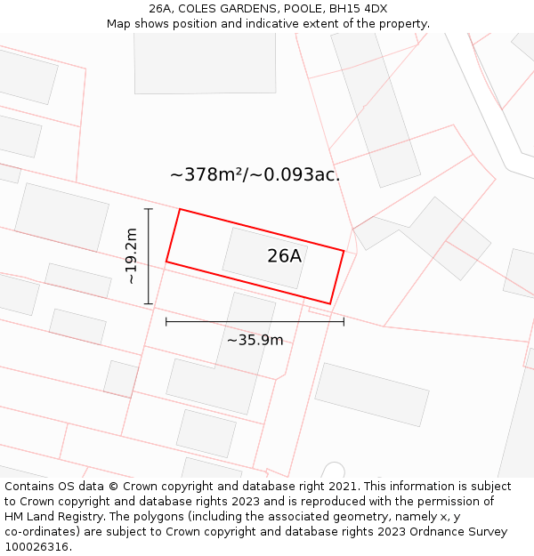 26A, COLES GARDENS, POOLE, BH15 4DX: Plot and title map