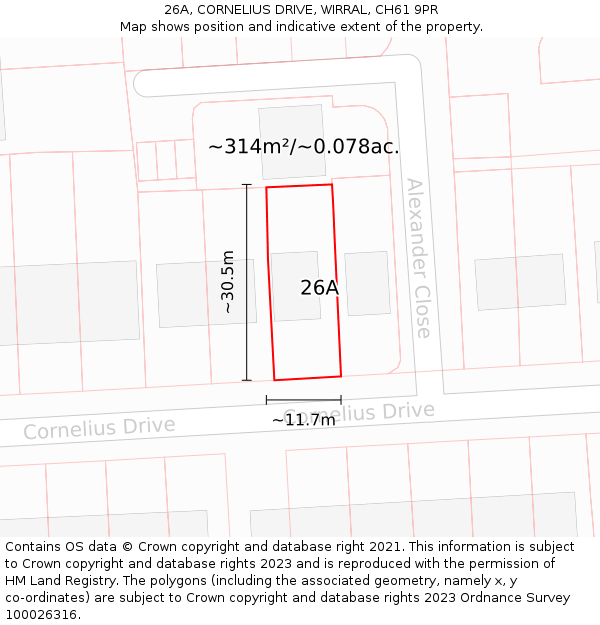 26A, CORNELIUS DRIVE, WIRRAL, CH61 9PR: Plot and title map