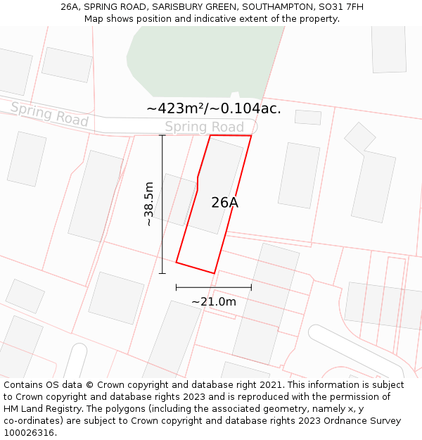 26A, SPRING ROAD, SARISBURY GREEN, SOUTHAMPTON, SO31 7FH: Plot and title map