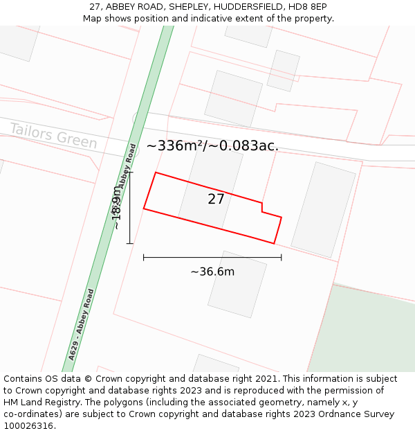 27, ABBEY ROAD, SHEPLEY, HUDDERSFIELD, HD8 8EP: Plot and title map