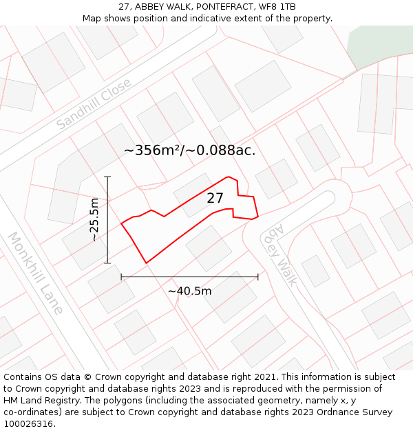 27, ABBEY WALK, PONTEFRACT, WF8 1TB: Plot and title map