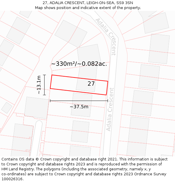 27, ADALIA CRESCENT, LEIGH-ON-SEA, SS9 3SN: Plot and title map