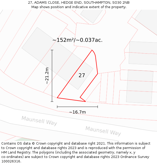 27, ADAMS CLOSE, HEDGE END, SOUTHAMPTON, SO30 2NB: Plot and title map