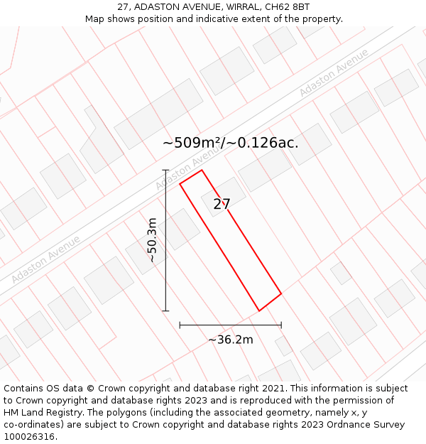 27, ADASTON AVENUE, WIRRAL, CH62 8BT: Plot and title map