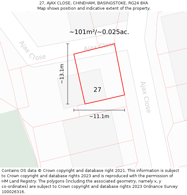 27, AJAX CLOSE, CHINEHAM, BASINGSTOKE, RG24 8XA: Plot and title map