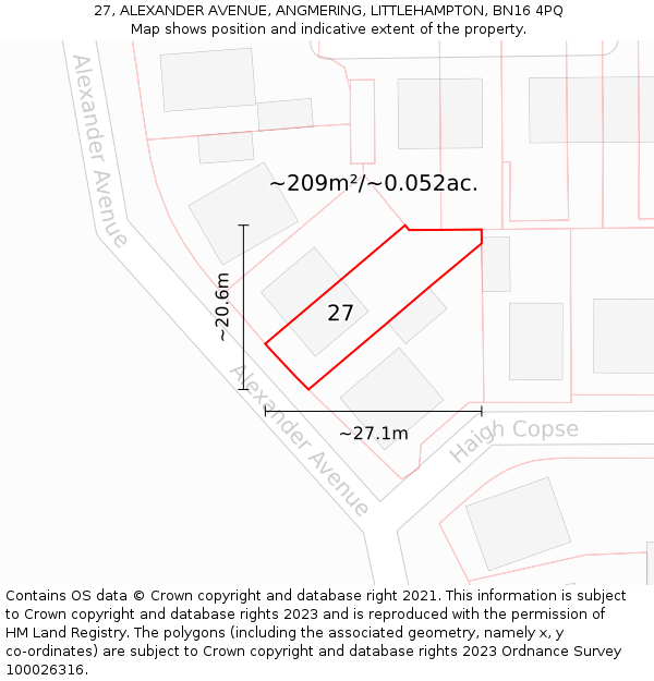 27, ALEXANDER AVENUE, ANGMERING, LITTLEHAMPTON, BN16 4PQ: Plot and title map