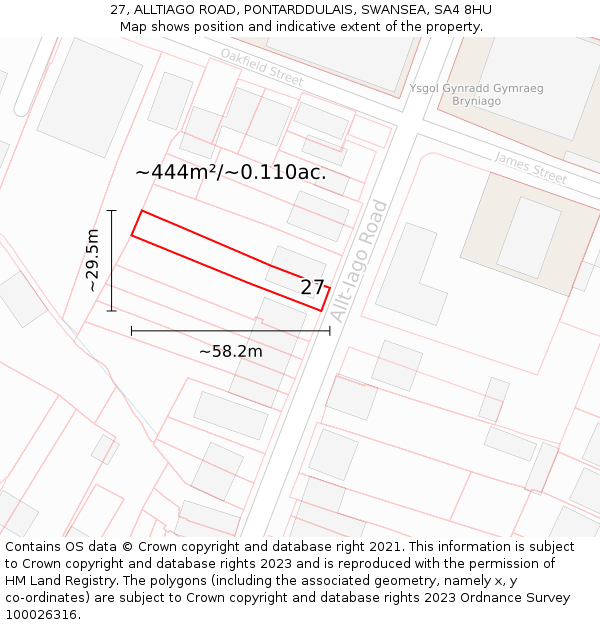 27, ALLTIAGO ROAD, PONTARDDULAIS, SWANSEA, SA4 8HU: Plot and title map