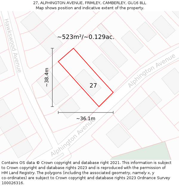 27, ALPHINGTON AVENUE, FRIMLEY, CAMBERLEY, GU16 8LL: Plot and title map