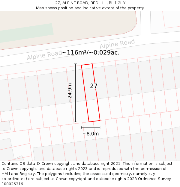 27, ALPINE ROAD, REDHILL, RH1 2HY: Plot and title map