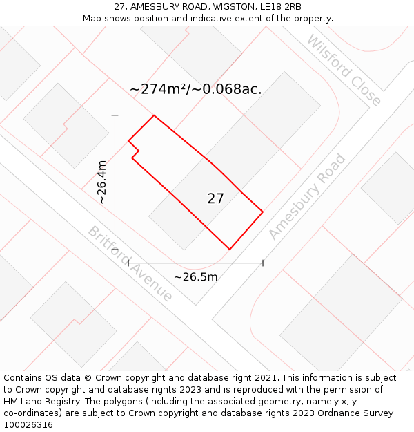 27, AMESBURY ROAD, WIGSTON, LE18 2RB: Plot and title map