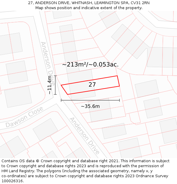 27, ANDERSON DRIVE, WHITNASH, LEAMINGTON SPA, CV31 2RN: Plot and title map