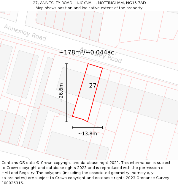 27, ANNESLEY ROAD, HUCKNALL, NOTTINGHAM, NG15 7AD: Plot and title map