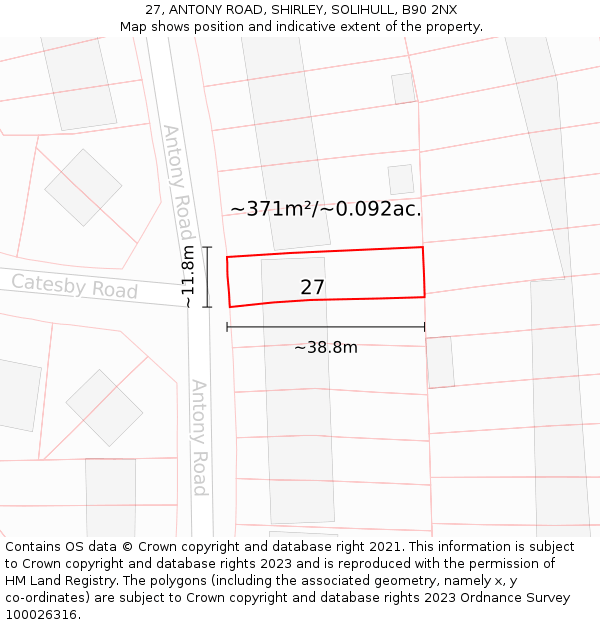 27, ANTONY ROAD, SHIRLEY, SOLIHULL, B90 2NX: Plot and title map